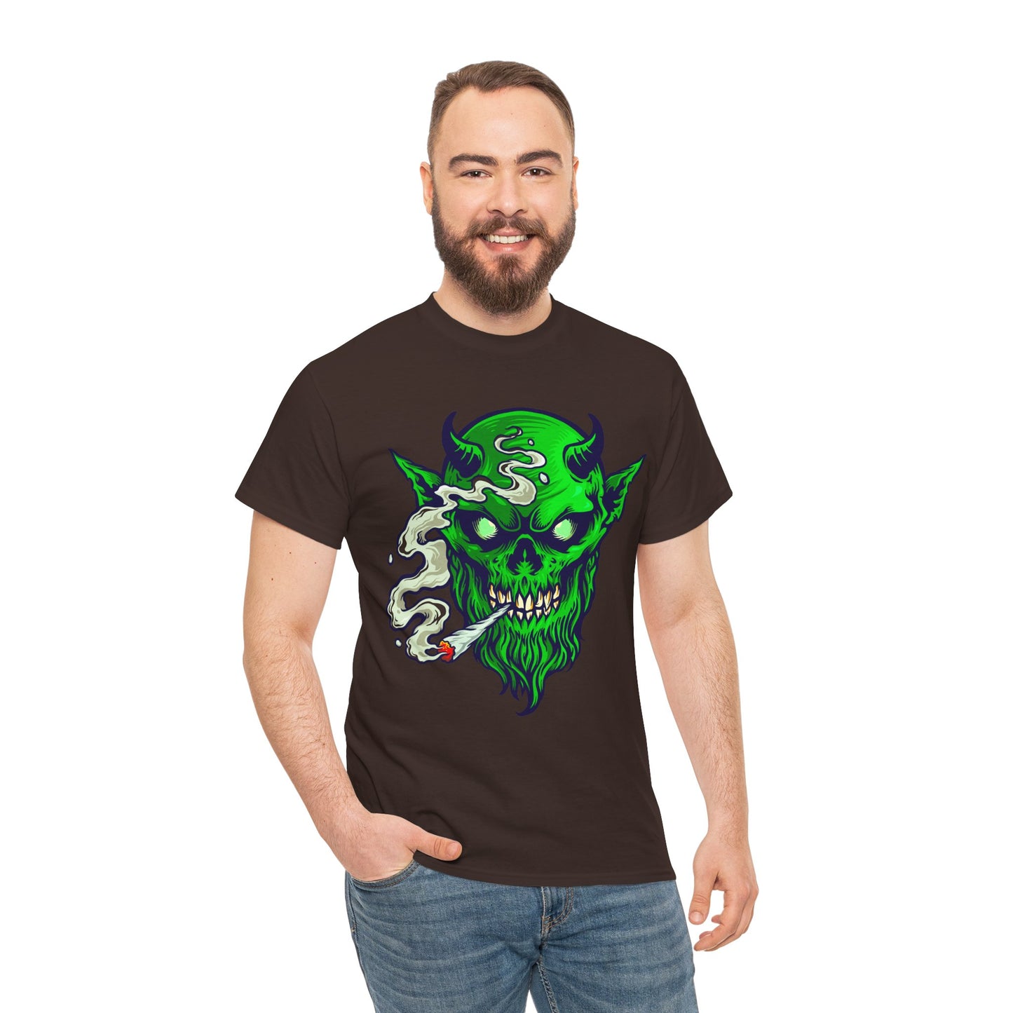 Smoking Green Demon Skull T-Shirt — Creepy Stoner Graphic Tee
