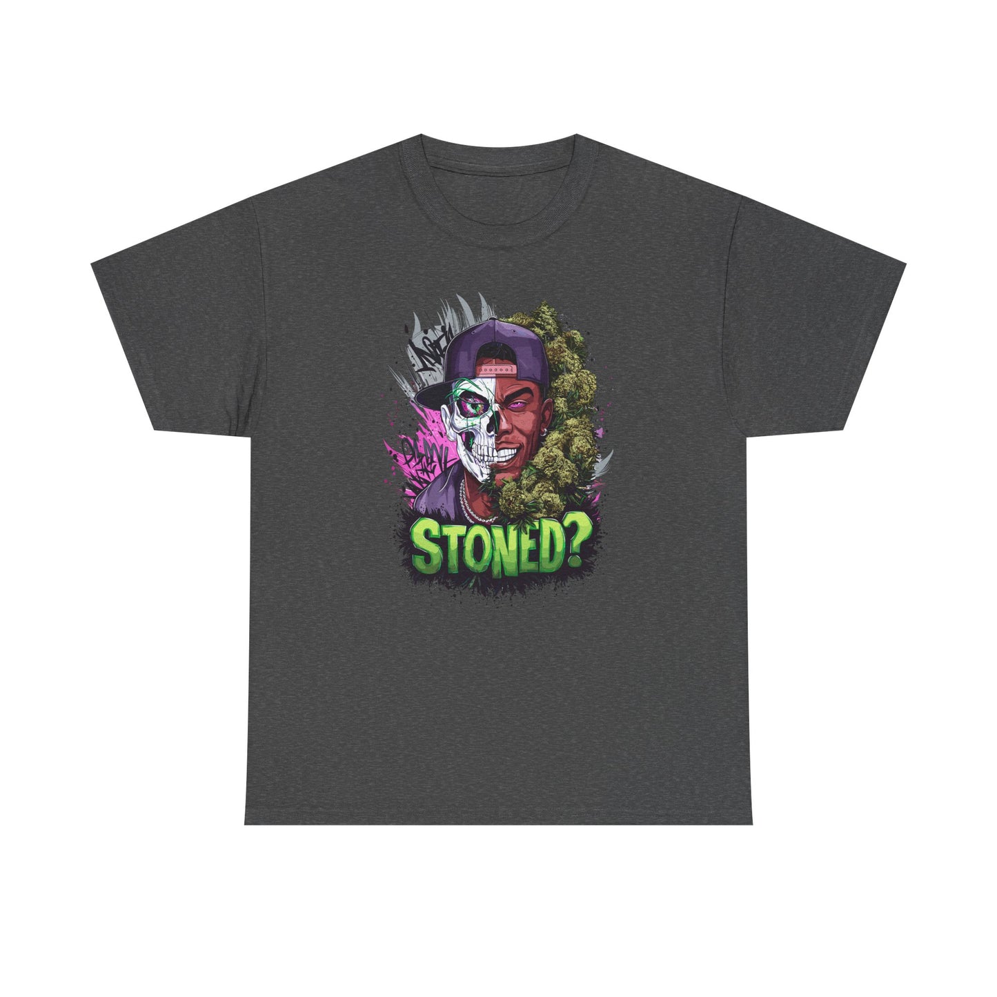 T-Shirt — 'Stoned?' Skull Face Graphic Tee for Cannabis Lovers