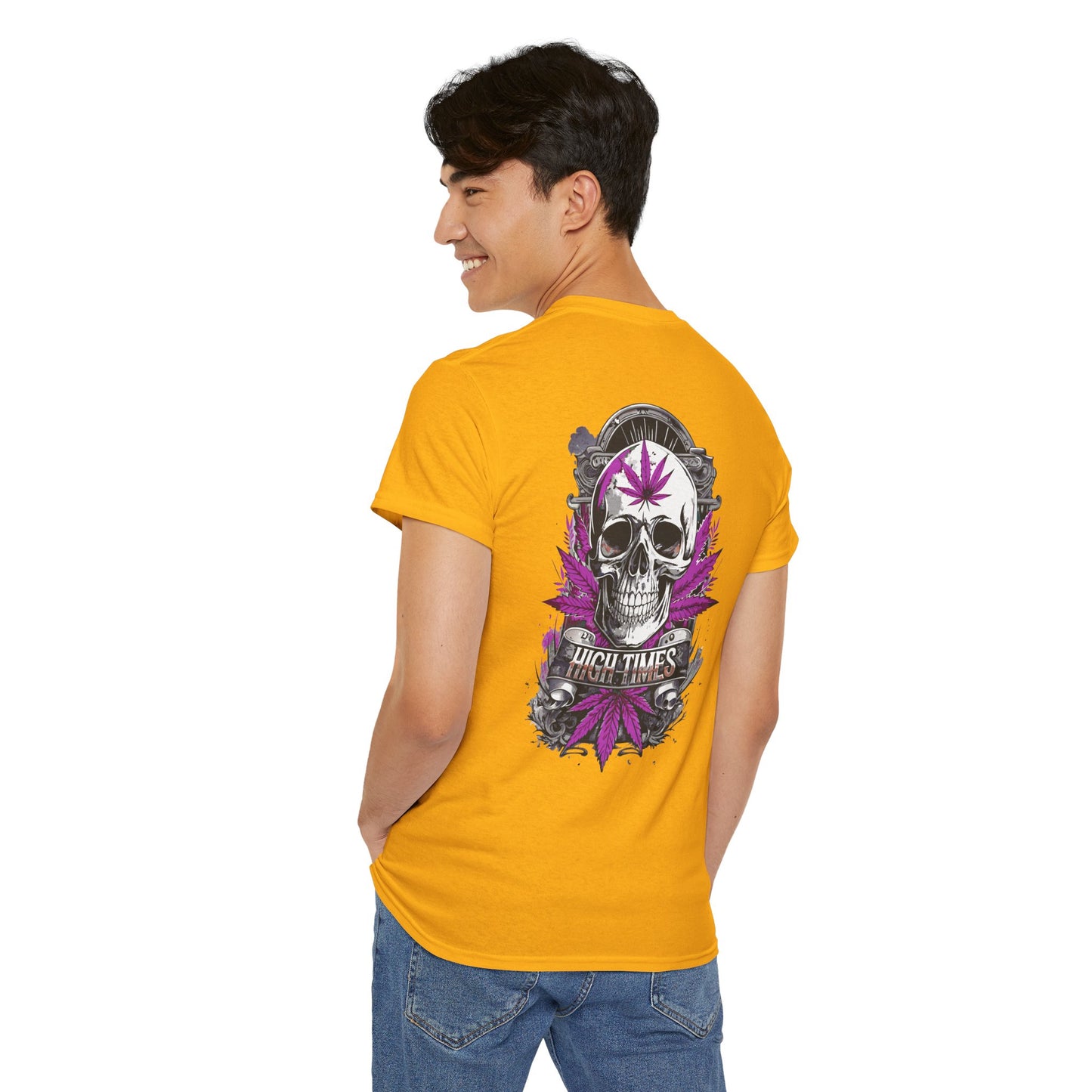 Skull & Purple Cannabis Leaf Tee - "High Times" Graphic T-Shirt Both