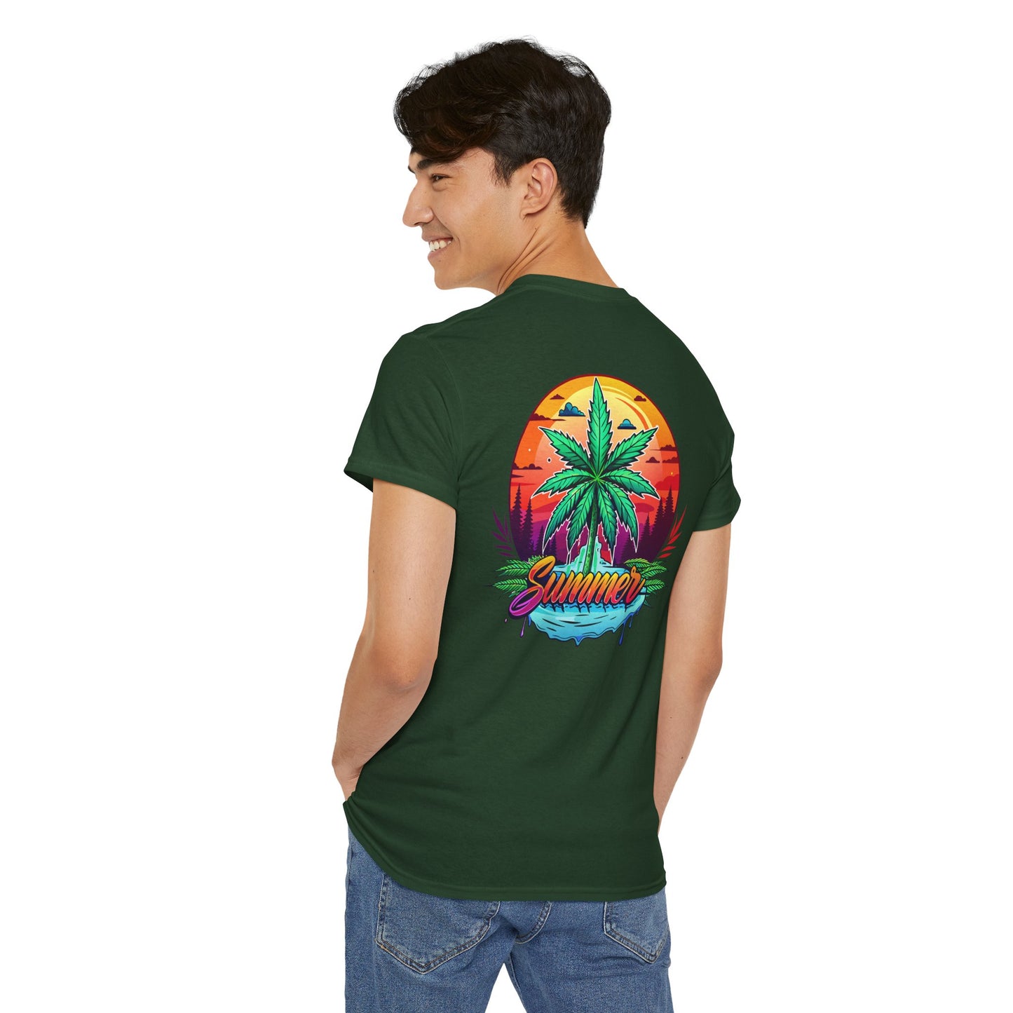 Summer Cannabis Leaf T-Shirt – Retro Tropical Sunset Tee Both