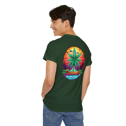 Summer Cannabis Leaf T-Shirt – Retro Tropical Sunset Tee Both