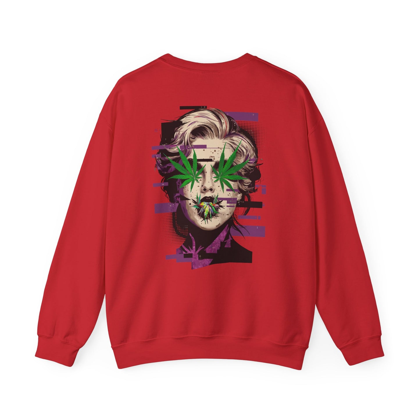 Vintage Portrait Sweatshirt — Glitch Art Face with Cannabis Leaf Mask