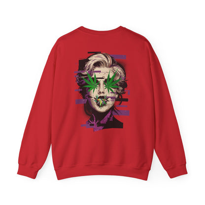 Vintage Portrait Sweatshirt — Glitch Art Face with Cannabis Leaf Mask
