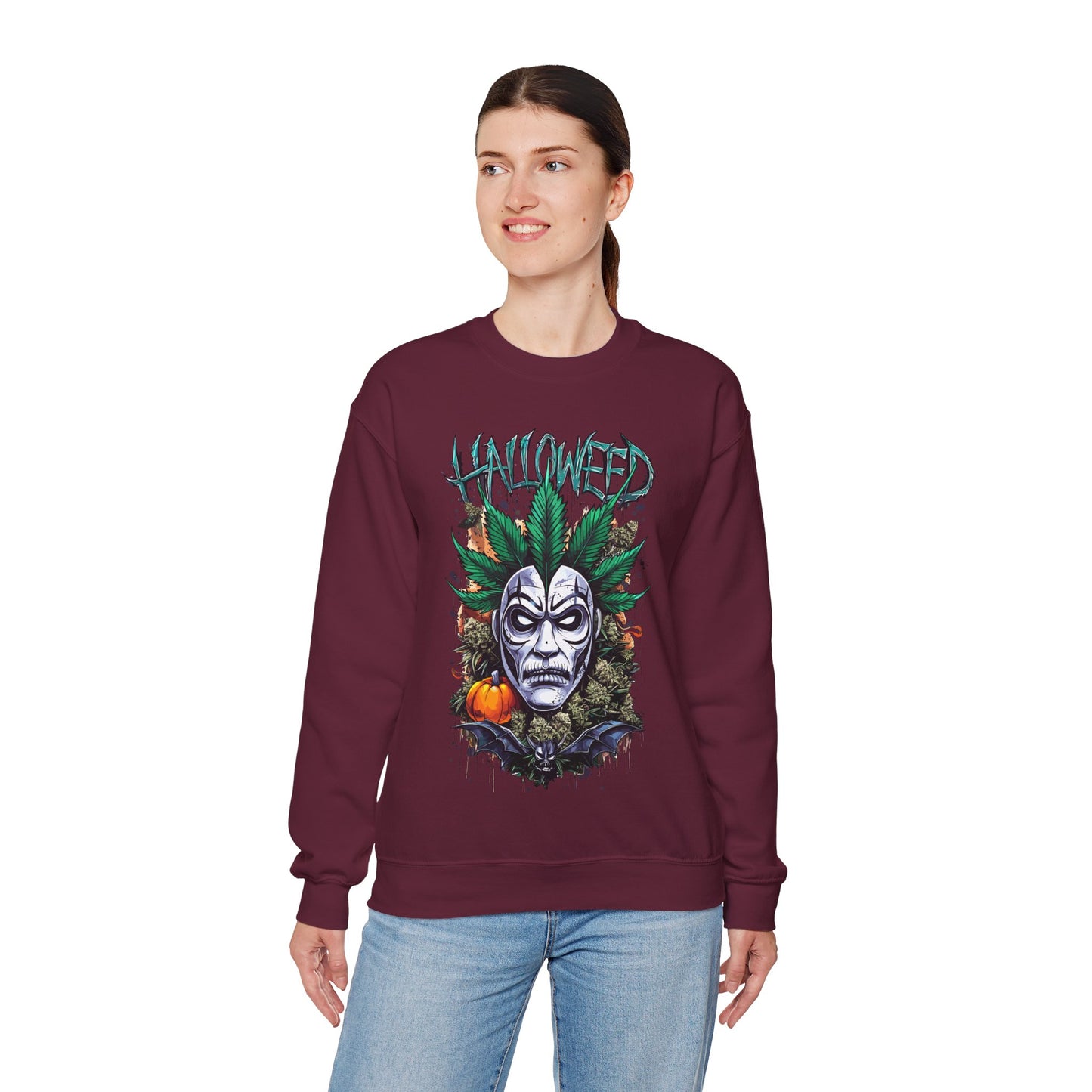 Hallowed Harvest — Halloween Mask & Pumpkin Graphic Sweatshirt
