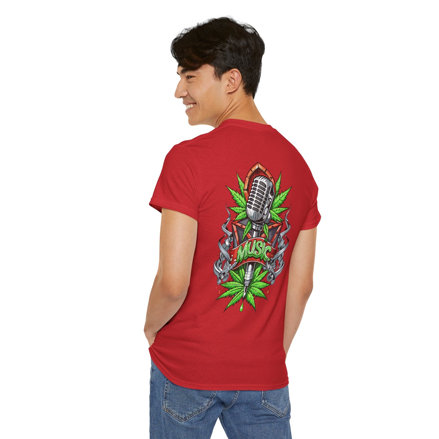 Music Microphone Tee — Retro Mic & Leaf Graphic T-Shirt