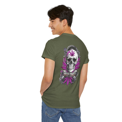Skull & Purple Cannabis Leaf Tee - "High Times" Graphic T-Shirt Both