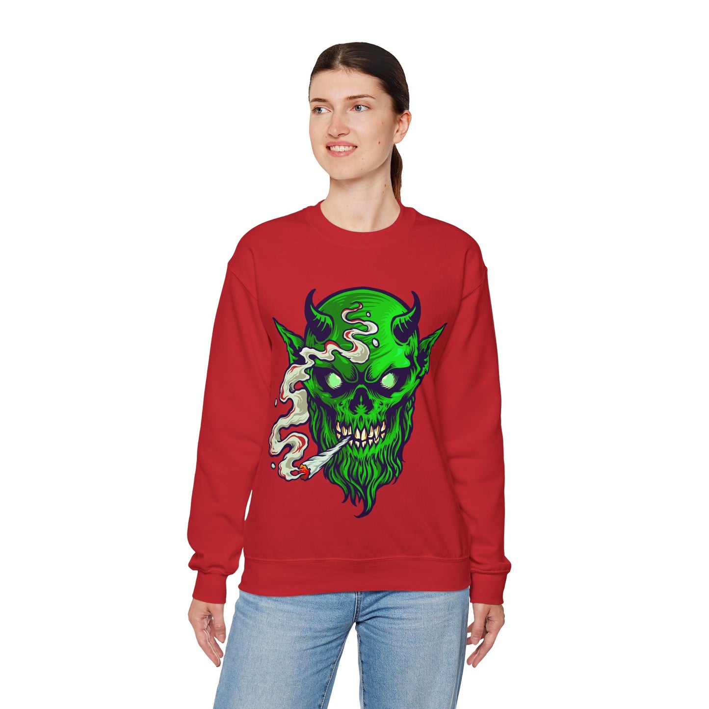 Smoking Green Demon Skull Sweatshirt — Creepy Stoner Graphic