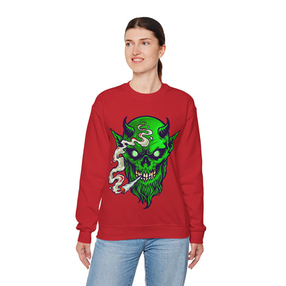 Smoking Green Demon Skull Sweatshirt — Creepy Stoner Graphic