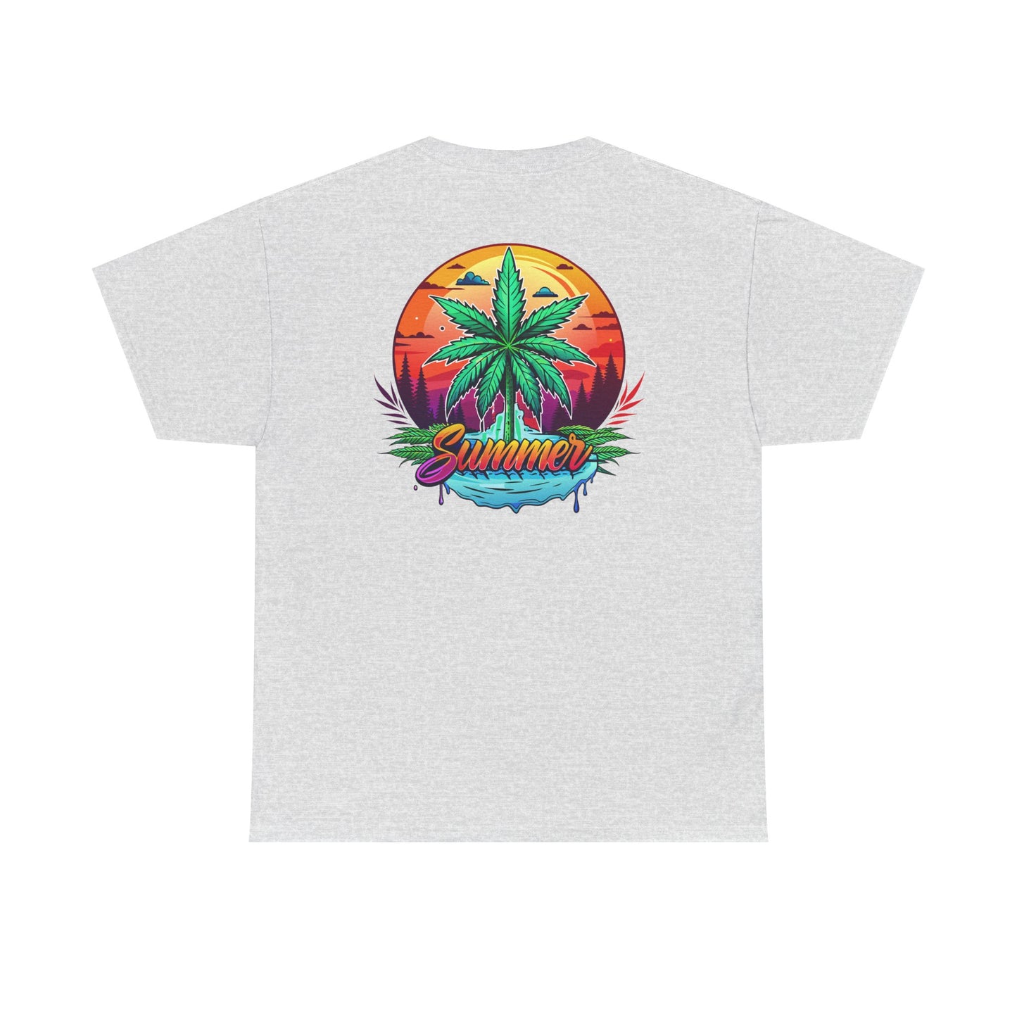 Summer Cannabis Leaf T-Shirt – Retro Tropical Sunset Tee Both