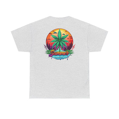 Summer Cannabis Leaf T-Shirt – Retro Tropical Sunset Tee Both