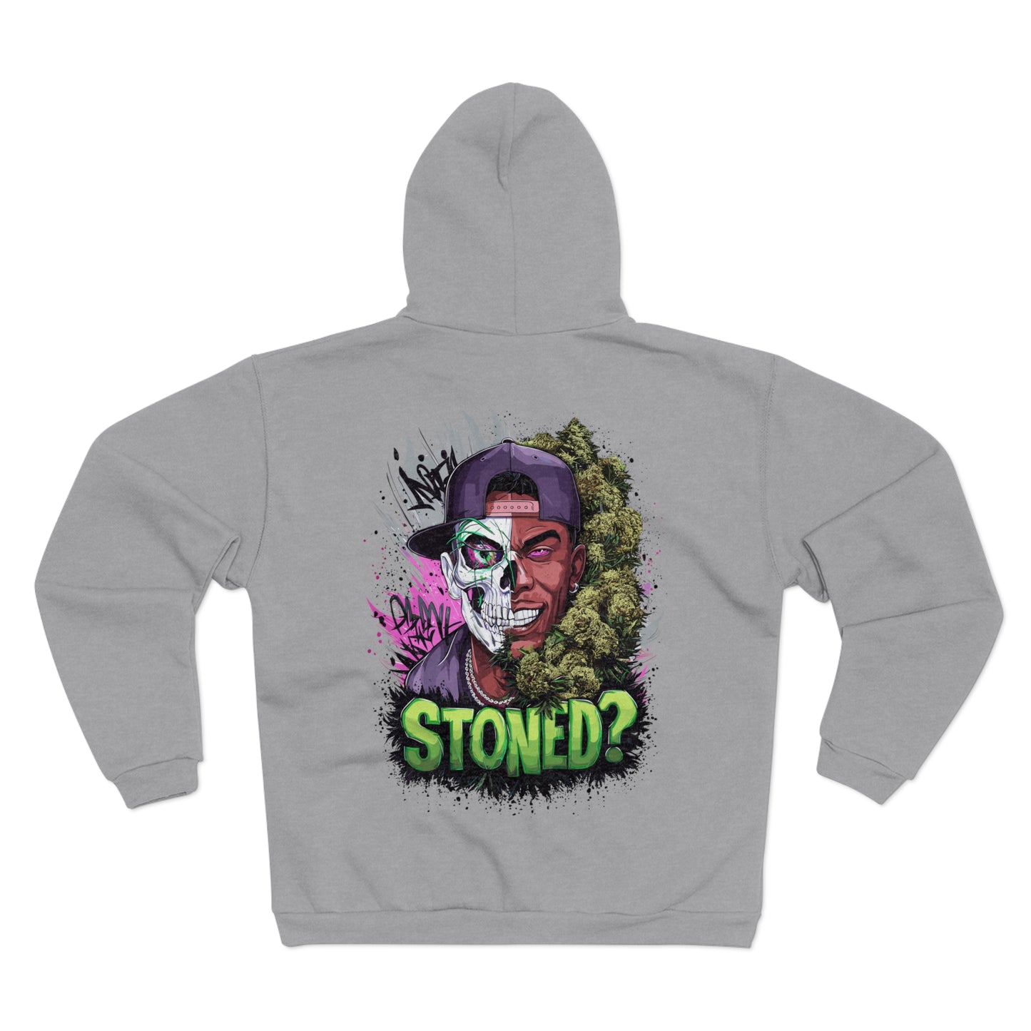 Zip Hoodie — 'Stoned?' Skull Face Graphic Zip for Cannabis Lovers