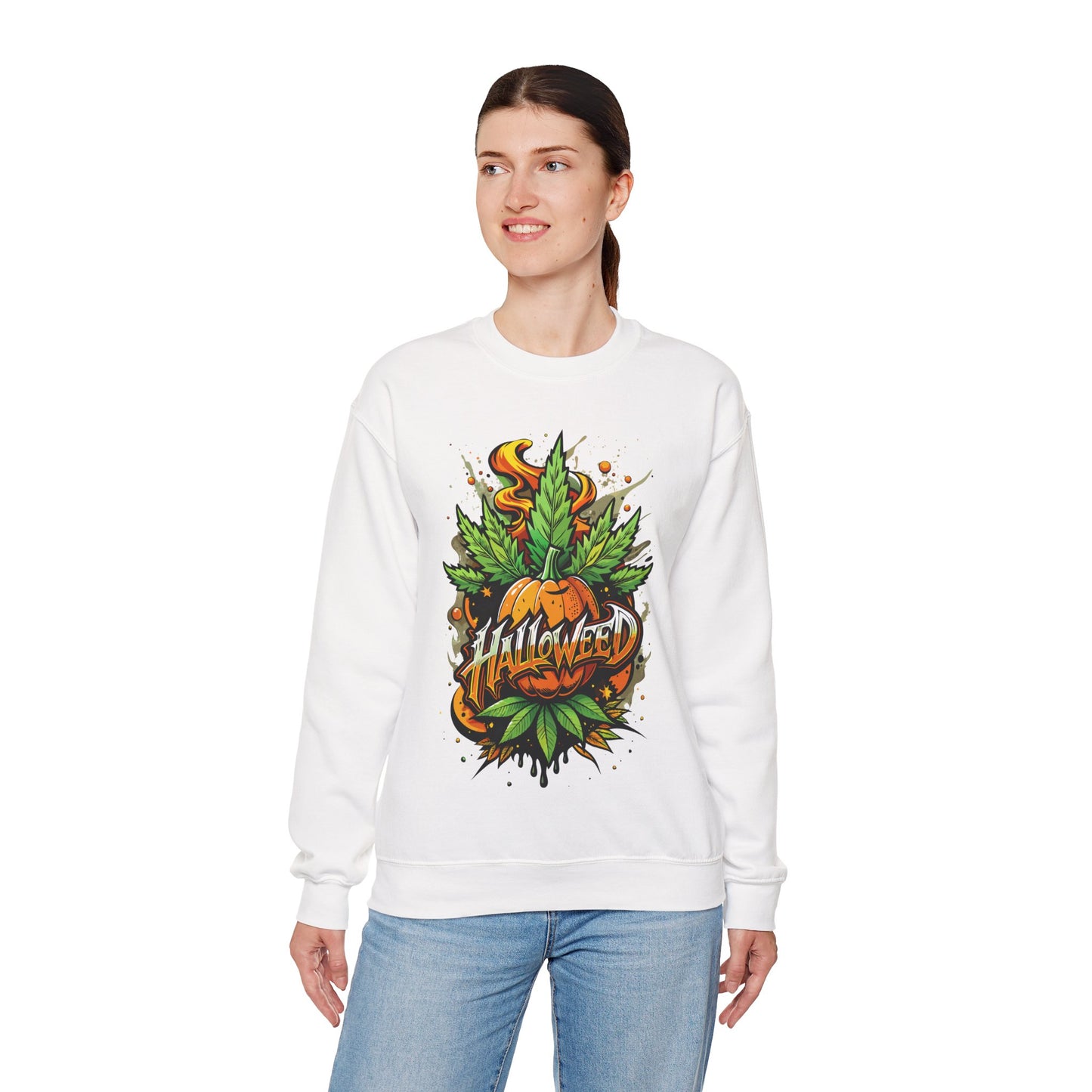 Halloween Pumpkin Graphic Sweatshirt — 'Halloween' Pumpkin & Leaves Illustration