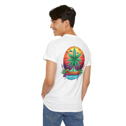 Summer Cannabis Leaf T-Shirt – Retro Tropical Sunset Tee Both