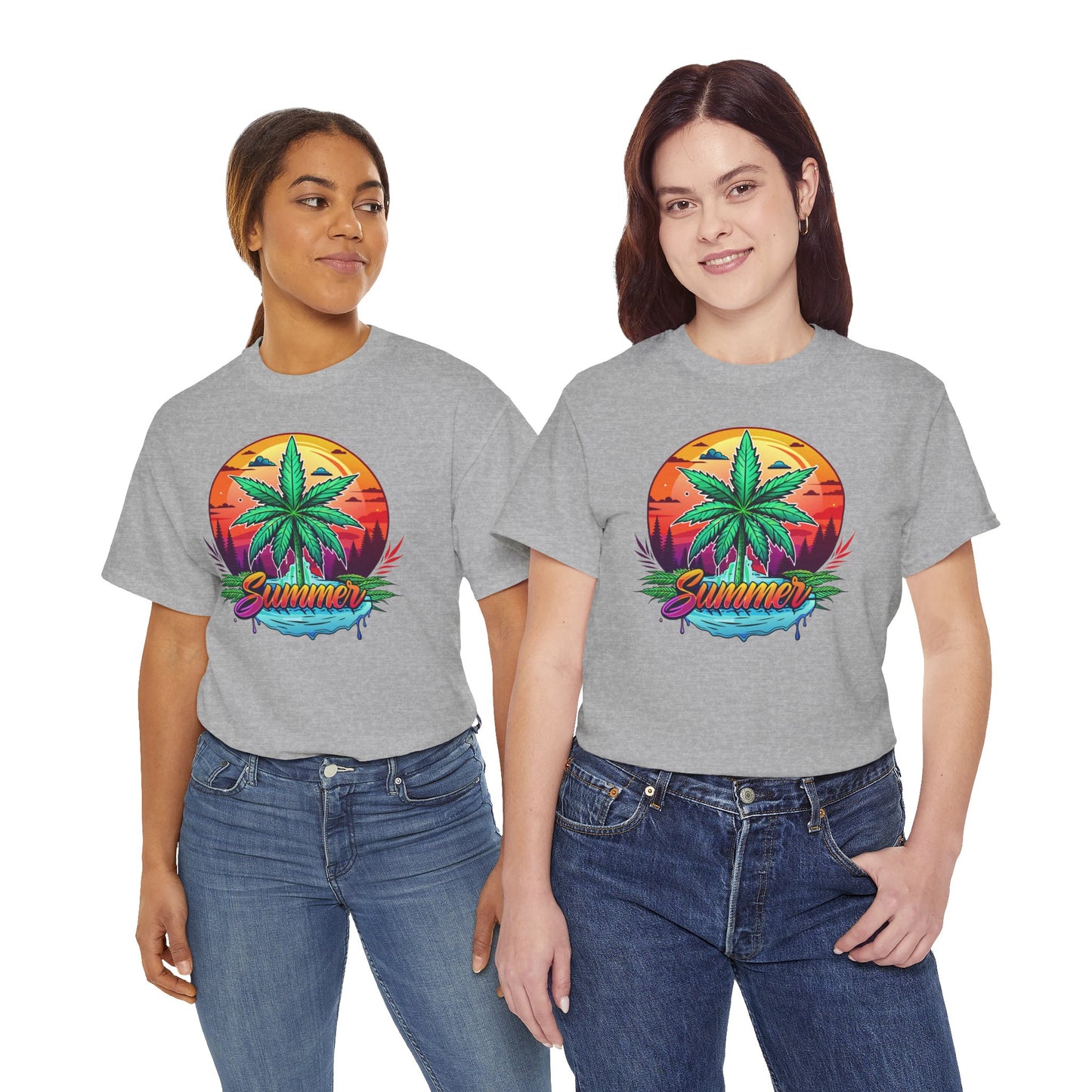 Summer Cannabis Leaf T-Shirt – Retro Tropical Sunset Tee Both
