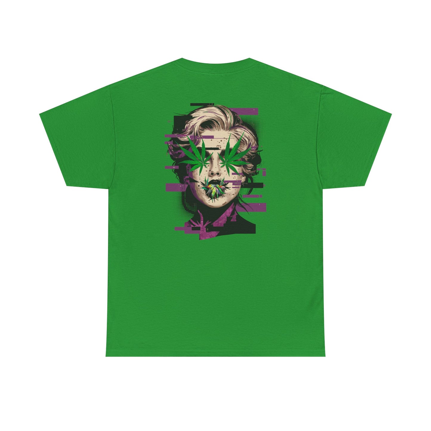 Vintage Portrait Tee — Glitch Art Face with Cannabis Leaf Mask