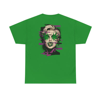 Vintage Portrait Tee — Glitch Art Face with Cannabis Leaf Mask