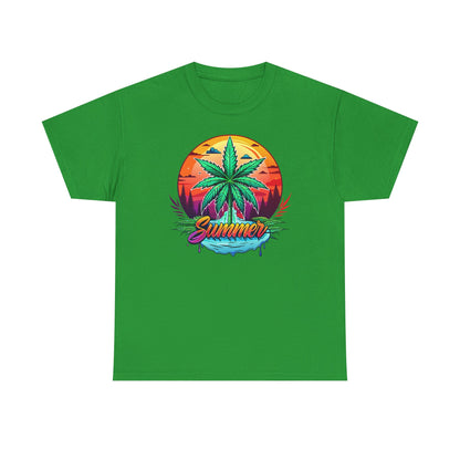 Summer Cannabis Leaf T-Shirt – Retro Tropical Sunset Tee