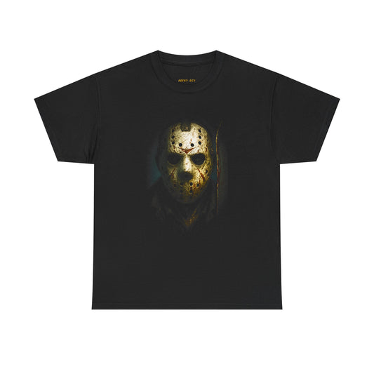 Horror Mask Tee — Grunge Jason Voorhees Skull Graphic T-Shirt for Horror Fans