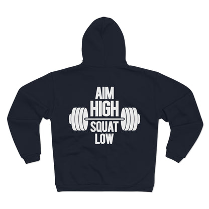 Motivational Fitness Hoodie - 'Aim High Squat Low' Unisex Hooded Zip Sweatshirt