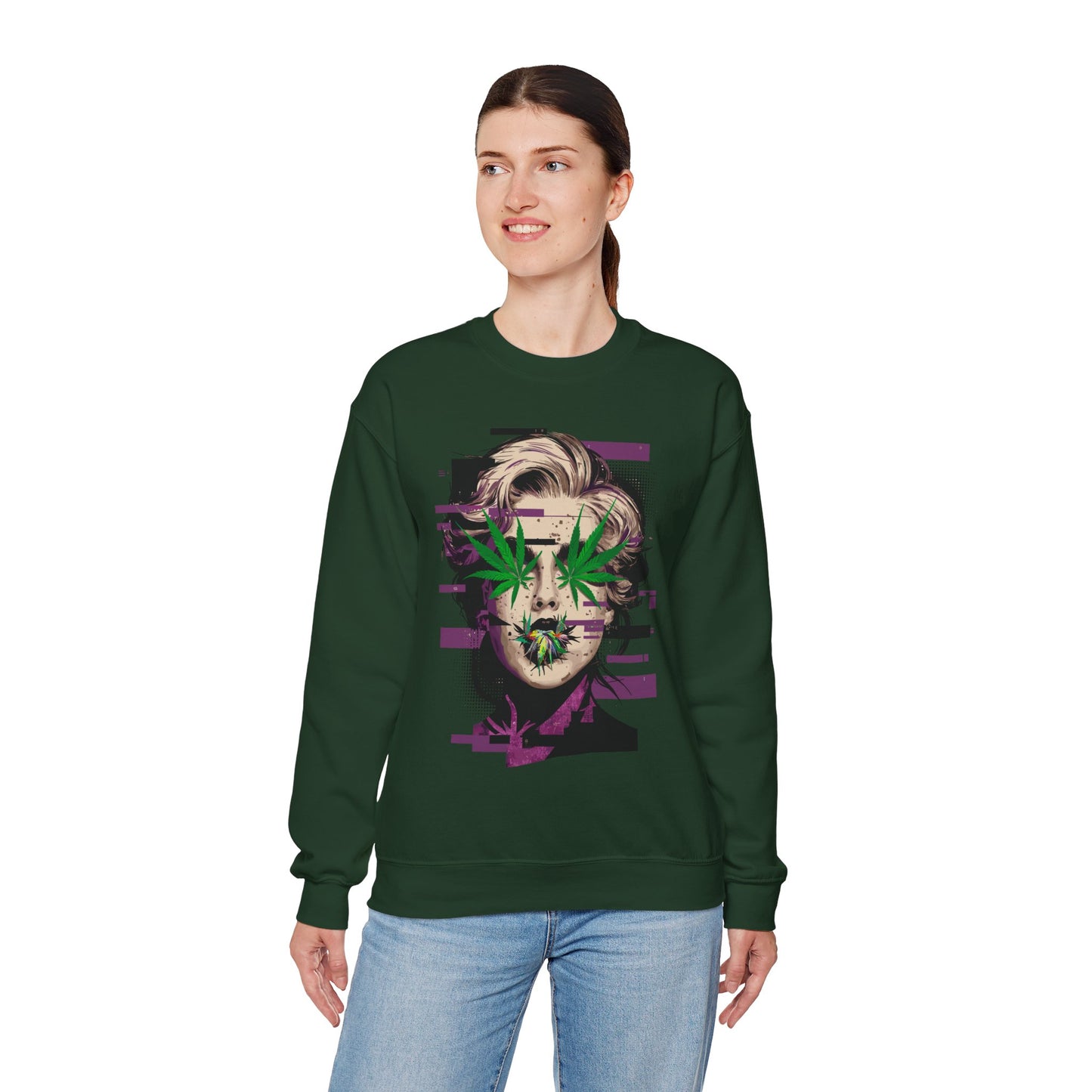 Vintage Portrait Sweatshirt — Glitch Art Face with Cannabis Leaf Mask