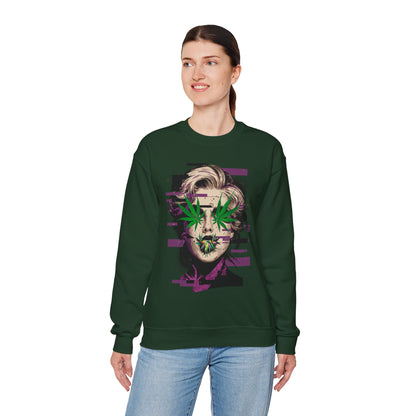 Vintage Portrait Sweatshirt — Glitch Art Face with Cannabis Leaf Mask