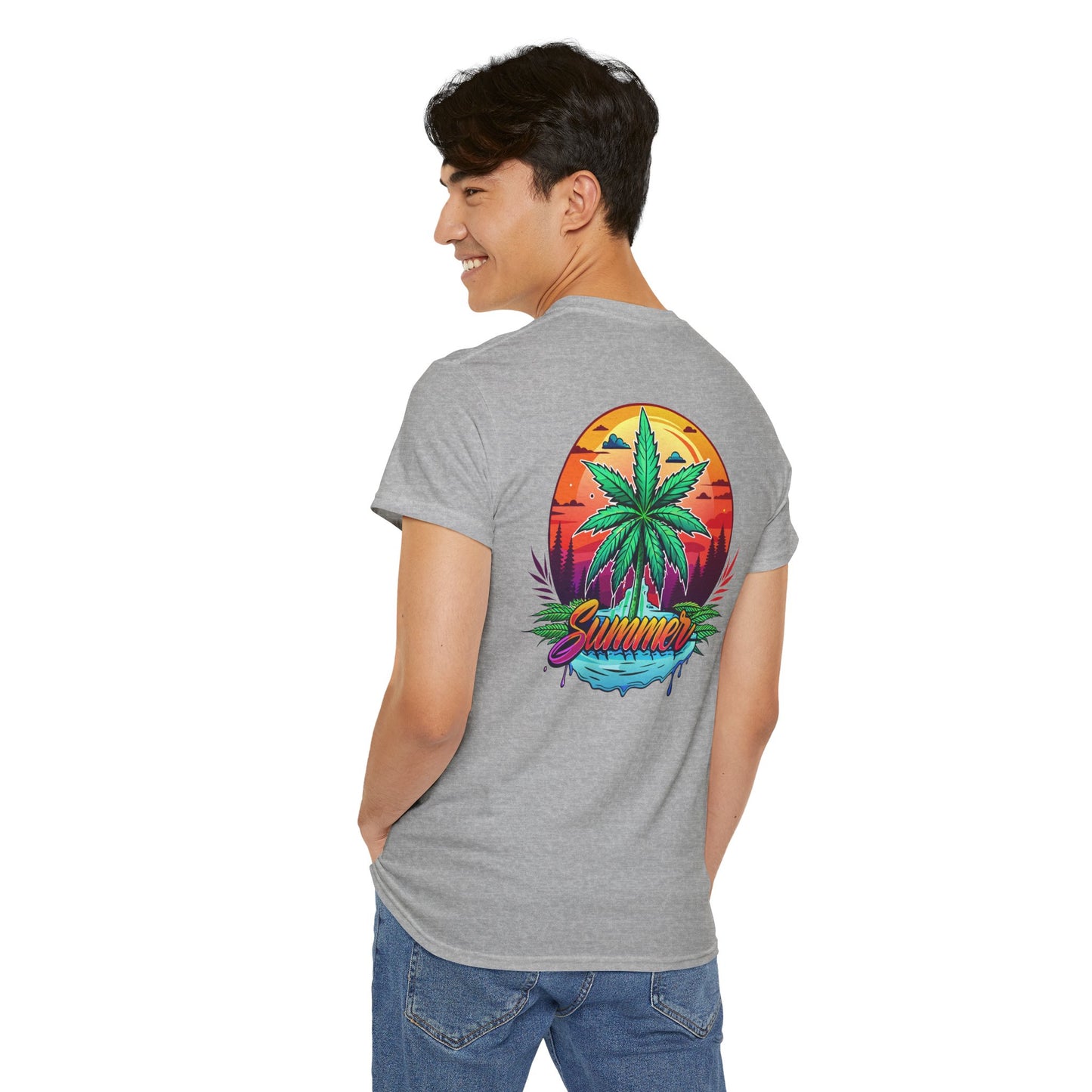 Summer Cannabis Leaf T-Shirt – Retro Tropical Sunset Tee Both