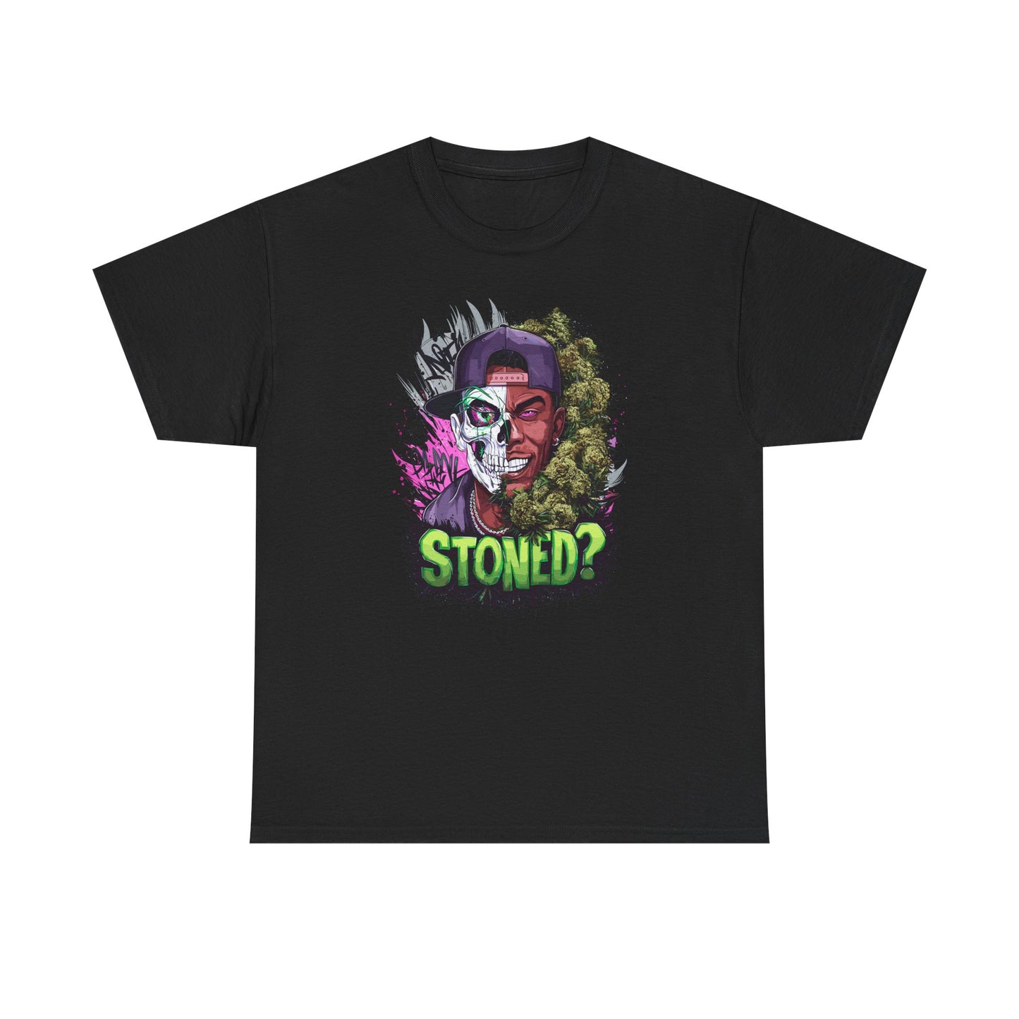 T-Shirt — 'Stoned?' Skull Face Graphic Tee for Cannabis Lovers