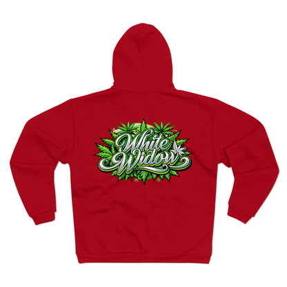 White Widow Graphic Zip Hoodie — Cannabis Leaf Logo Zip Hoodie