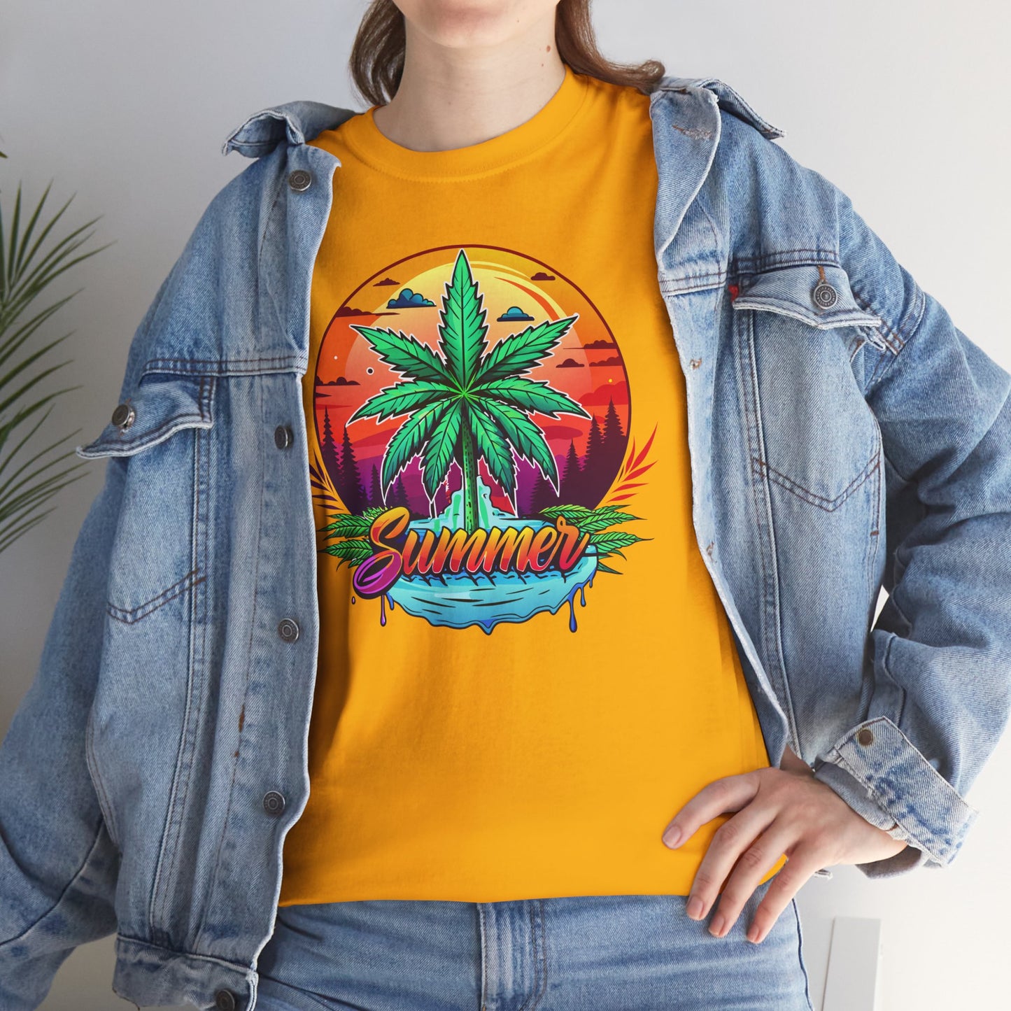 Summer Cannabis Leaf T-Shirt – Retro Tropical Sunset Tee