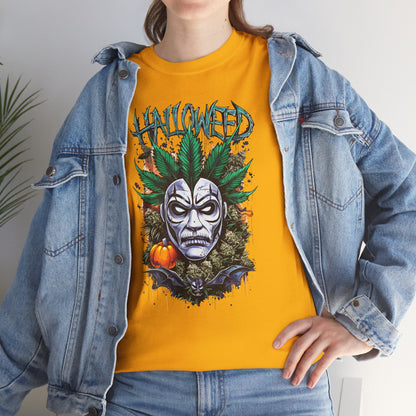 Hallowed Harvest Tee — Halloween Mask & Pumpkin Graphic T-Shirt
