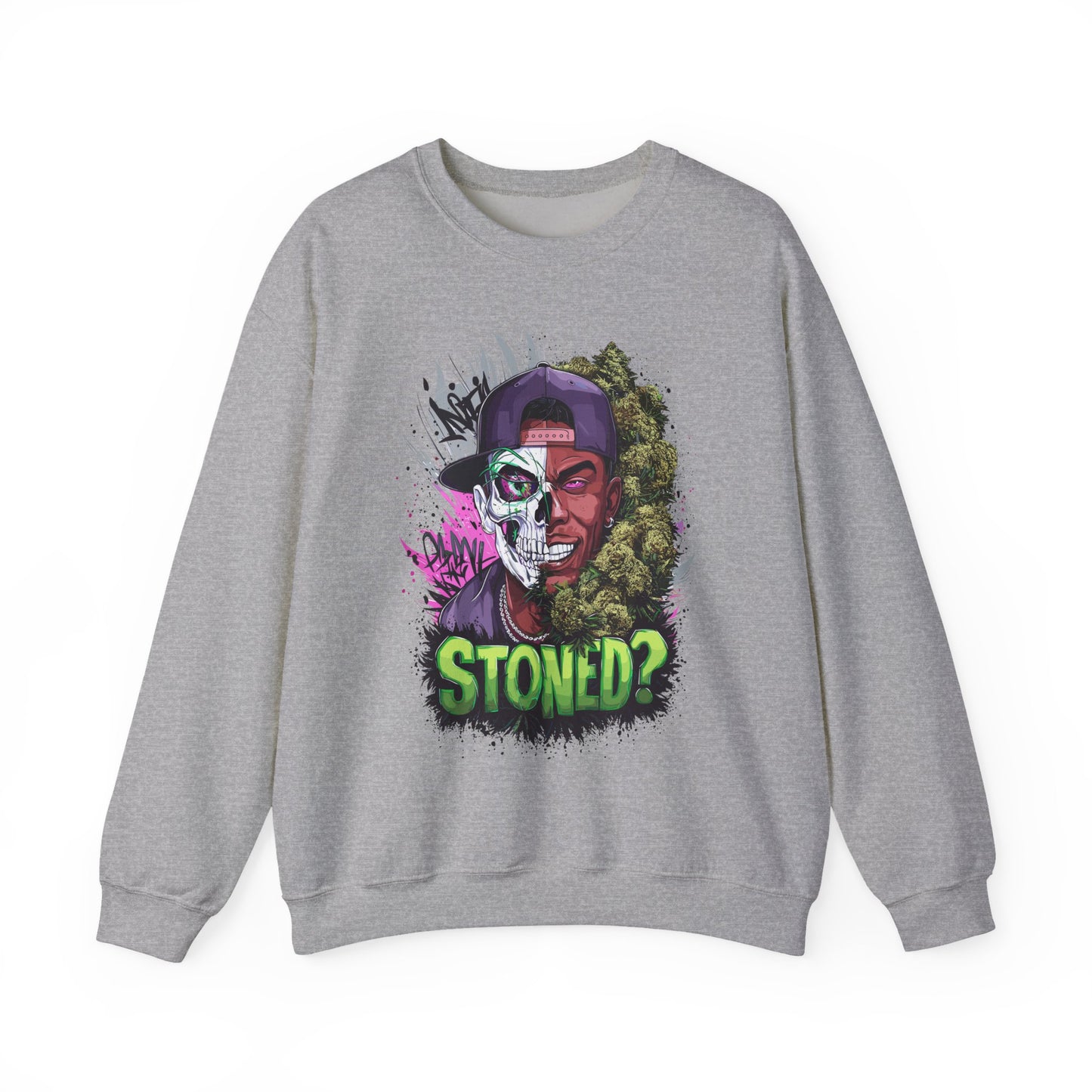 Sweatshirt— 'Stoned?' Skull Face Graphic for Cannabis Lovers
