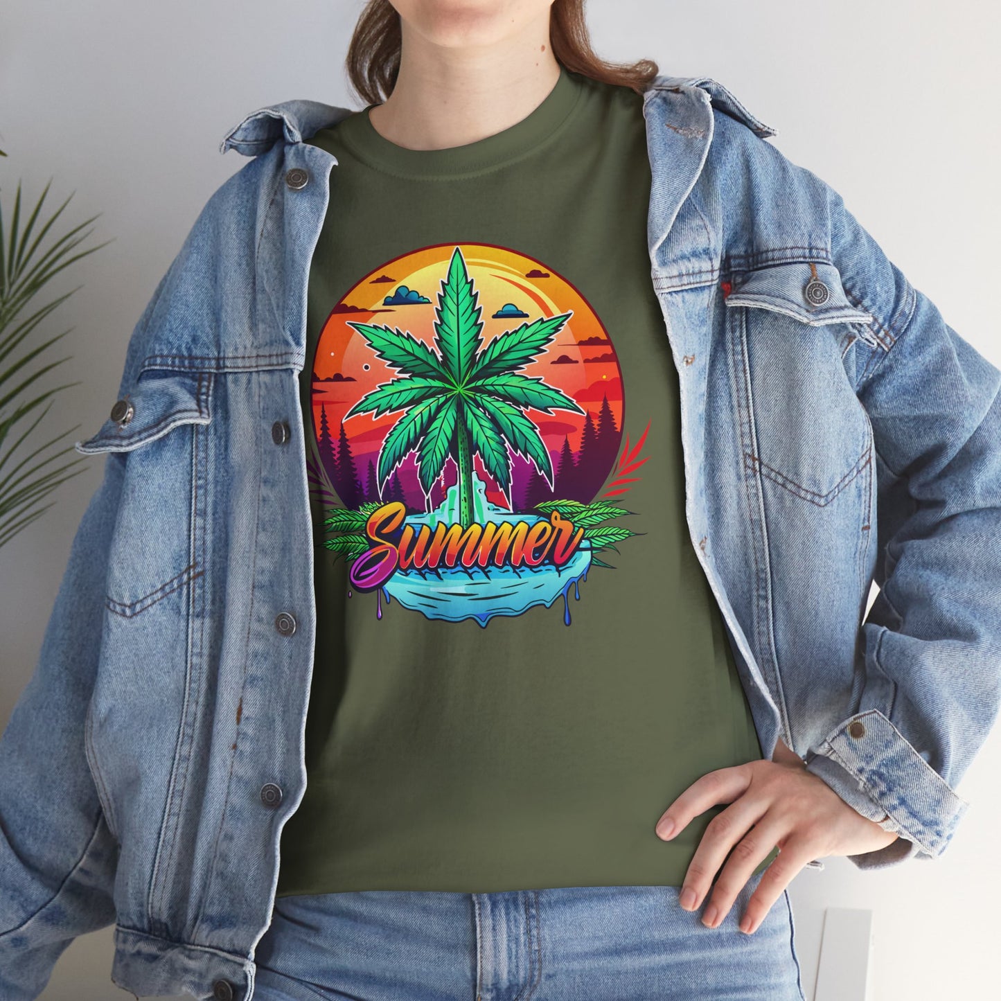 Summer Cannabis Leaf T-Shirt – Retro Tropical Sunset Tee