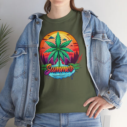 Summer Cannabis Leaf T-Shirt – Retro Tropical Sunset Tee