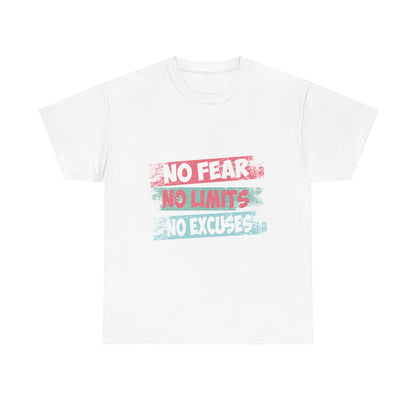 Inspiring Motivational Tee - Unisex Heavy Cotton Shirt with 'No Fear, No Limits, No Excuses' Design