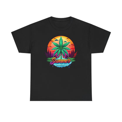 Summer Cannabis Leaf T-Shirt – Retro Tropical Sunset Tee Both