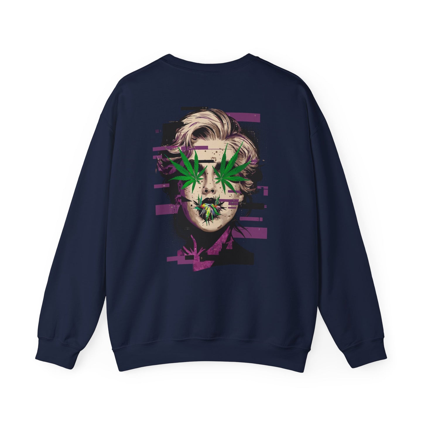 Vintage Portrait Sweatshirt — Glitch Art Face with Cannabis Leaf Mask