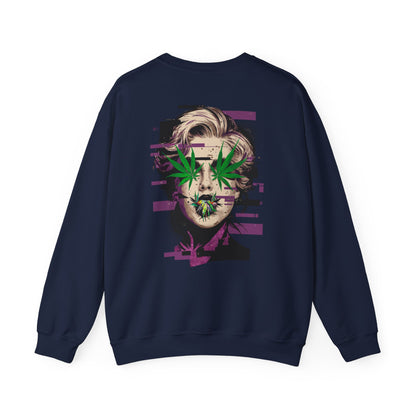 Vintage Portrait Sweatshirt — Glitch Art Face with Cannabis Leaf Mask