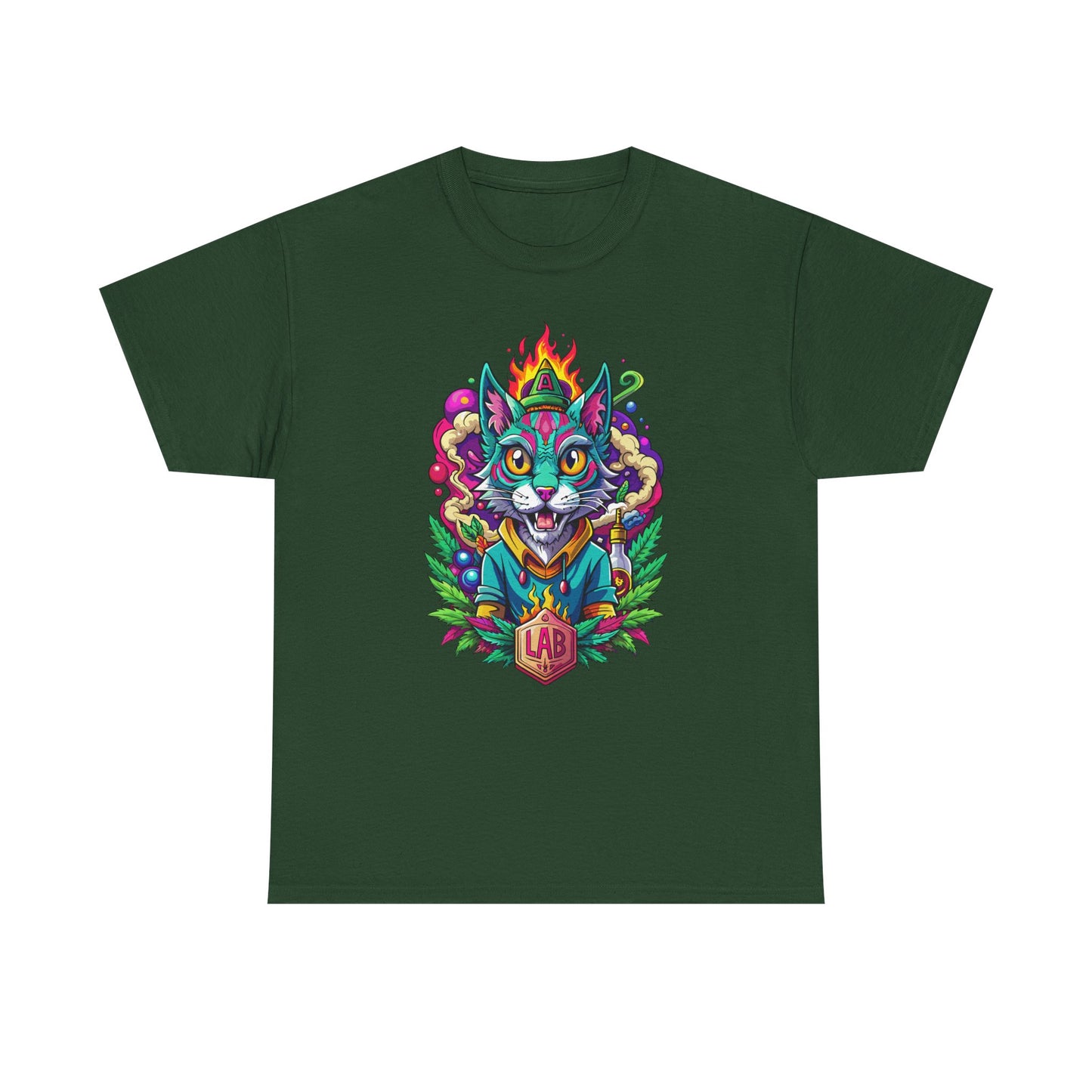 Psychedelic Flame Cat Graphic Tee — Colorful Trippy Cat Design