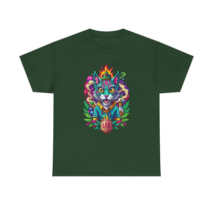 Psychedelic Flame Cat Graphic Tee — Colorful Trippy Cat Design