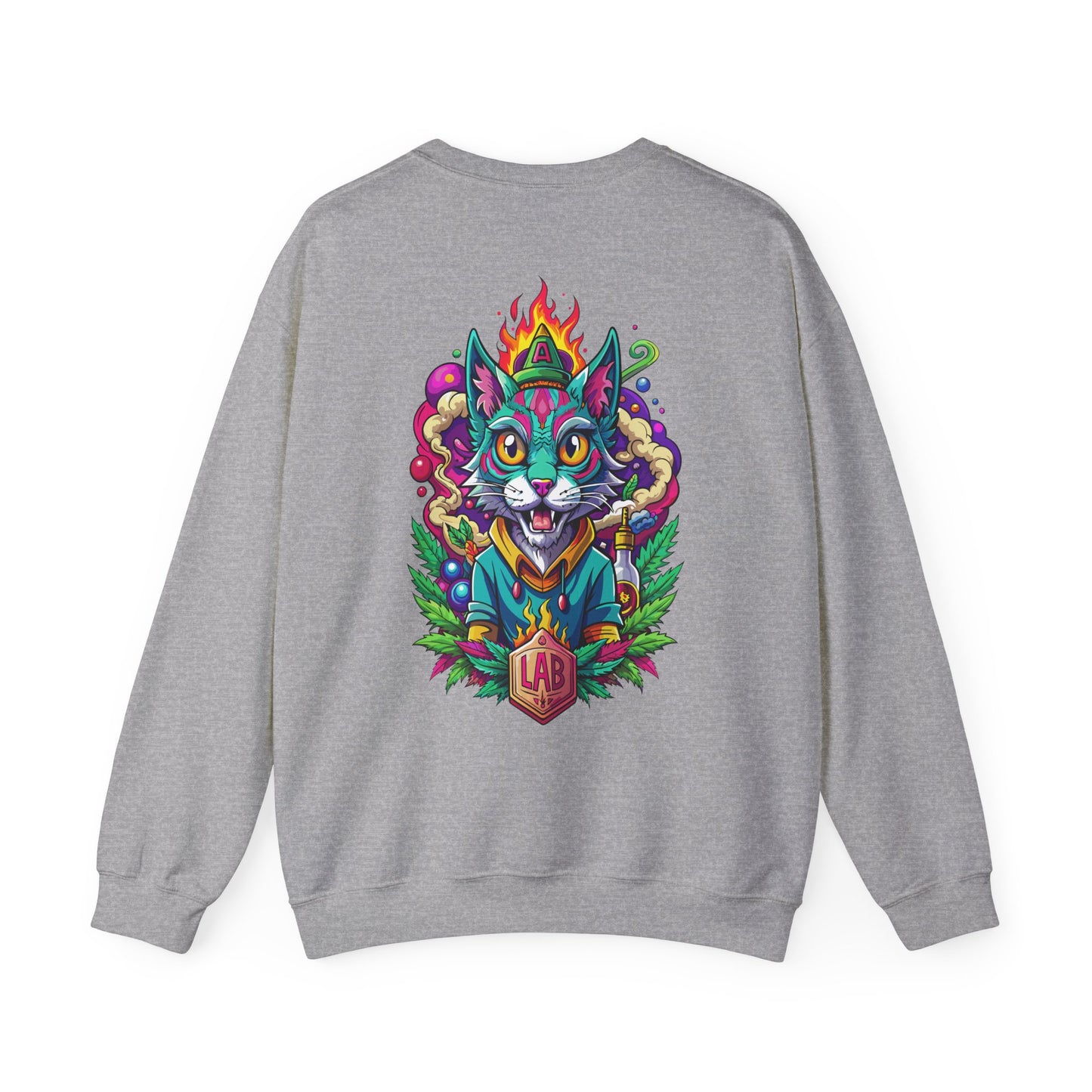 Psychedelic Flame Cat Graphic Sweatshirt — Colorful Trippy Cat Design