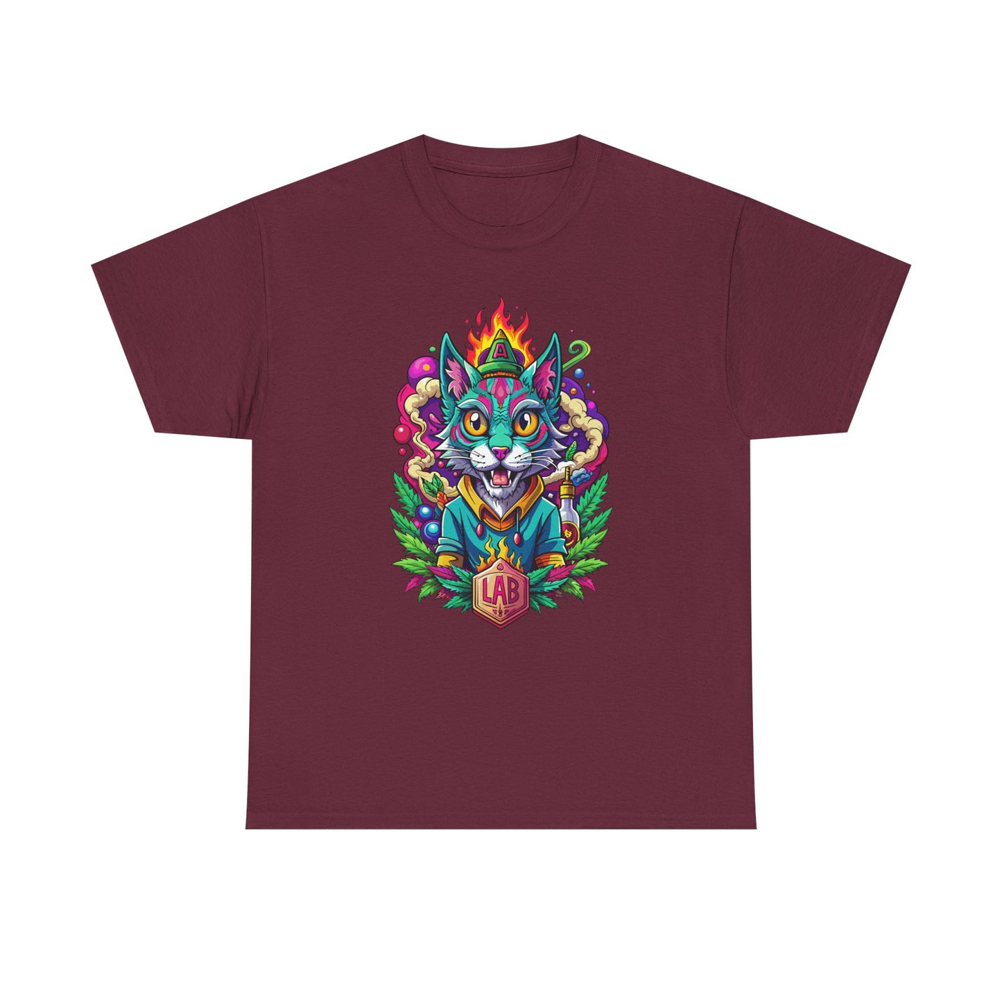 Psychedelic Flame Cat Graphic Tee — Colorful Trippy Cat Design