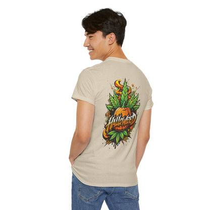Hallowed Harvest Tee — Halloween Mask & Pumpkin Graphic T-Shirt