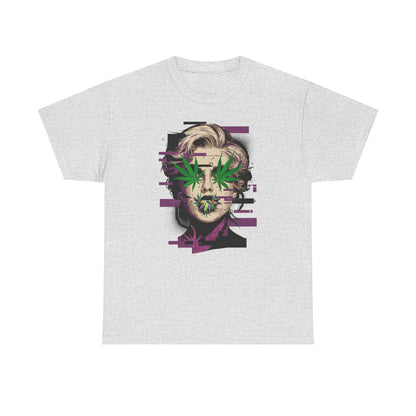 Vintage Portrait Tee — Glitch Art Face with Cannabis Leaf Mask