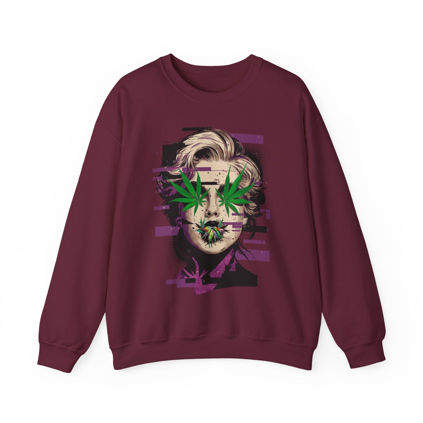 Vintage Portrait Sweatshirt — Glitch Art Face with Cannabis Leaf Mask