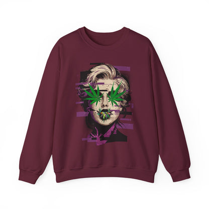 Vintage Portrait Sweatshirt — Glitch Art Face with Cannabis Leaf Mask