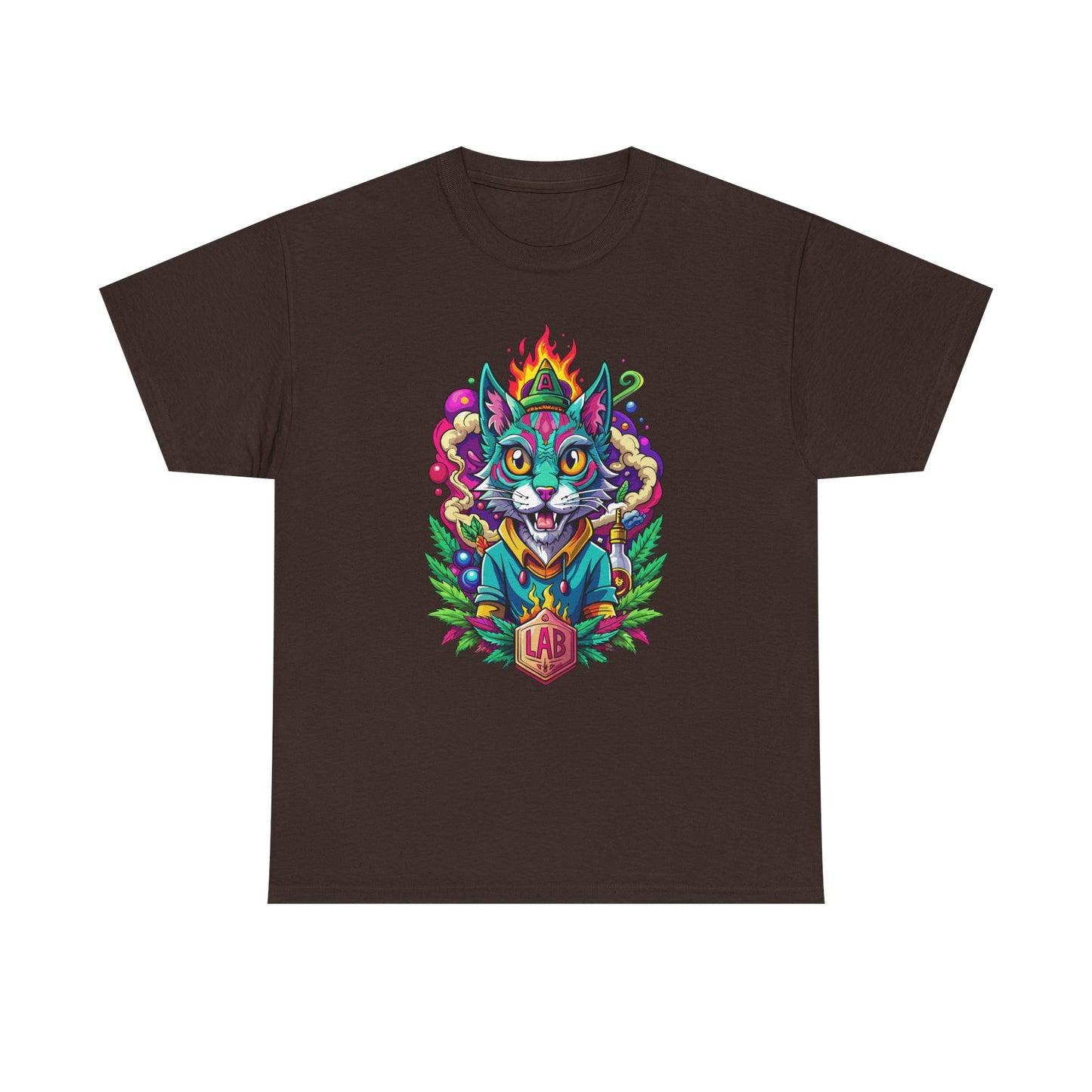 Psychedelic Flame Cat Graphic Tee — Colorful Trippy Cat Design