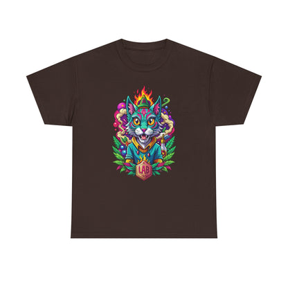 Psychedelic Flame Cat Graphic Tee — Colorful Trippy Cat Design