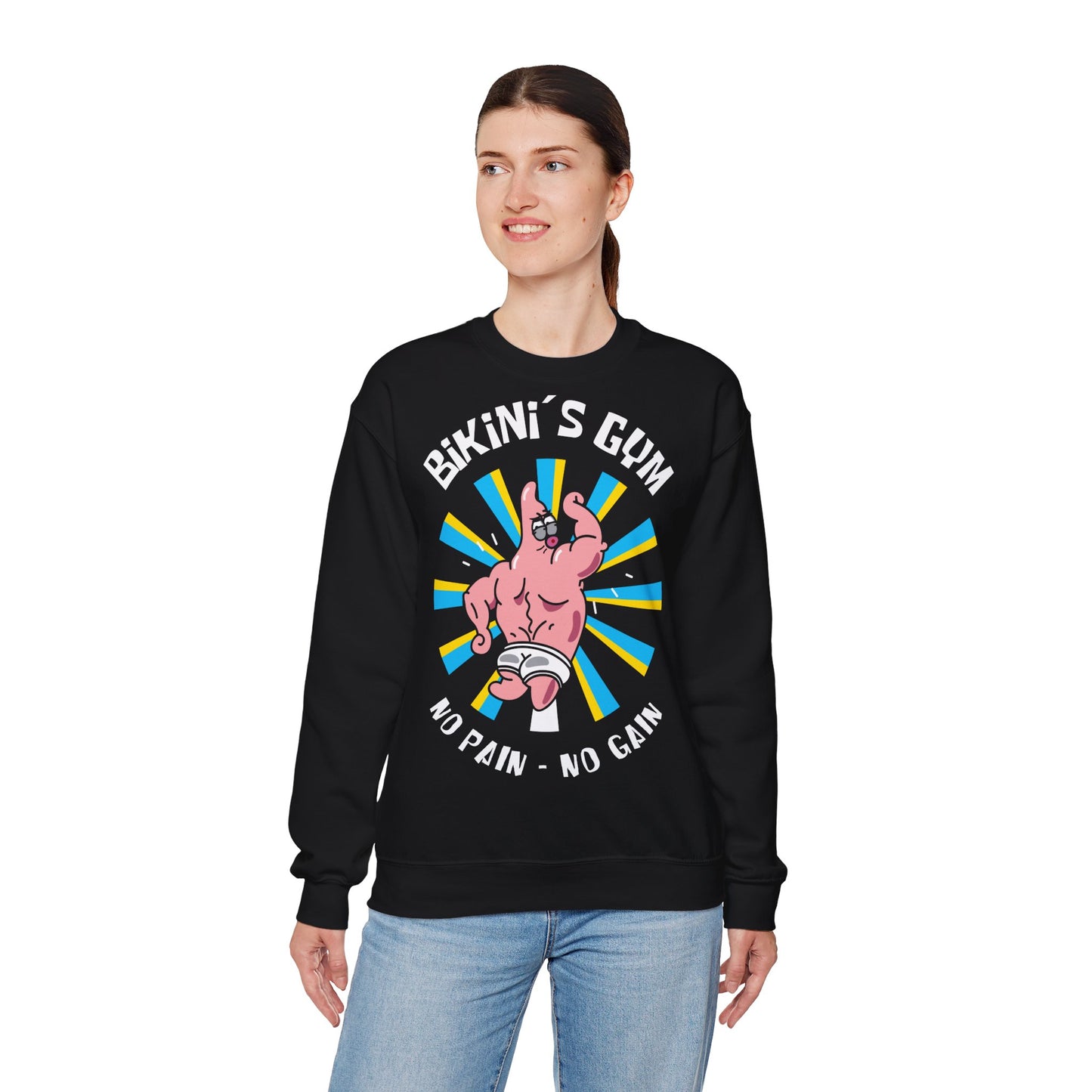 Funny Fitness Unisex Heavy Blend™ Crewneck Sweatshirt - 'Bikini's Gym - No Pain No Gain' Black