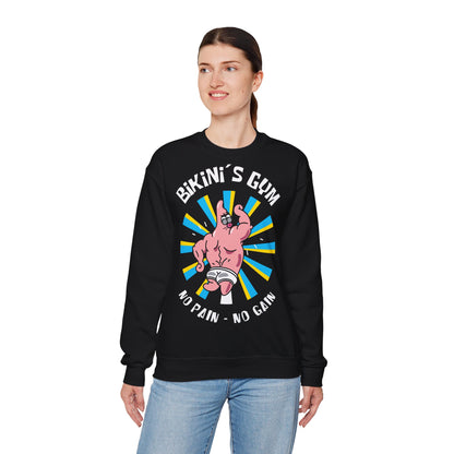 Funny Fitness Unisex Heavy Blend™ Crewneck Sweatshirt - 'Bikini's Gym - No Pain No Gain' Black