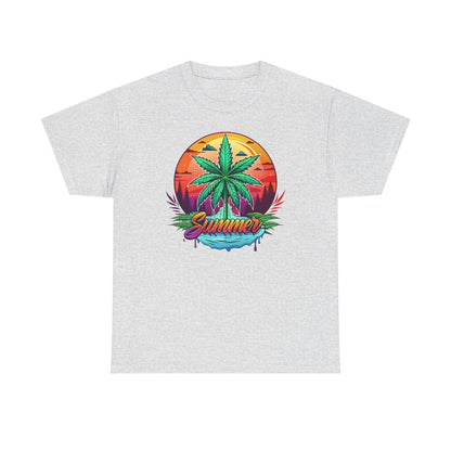 Summer Cannabis Leaf T-Shirt – Retro Tropical Sunset Tee